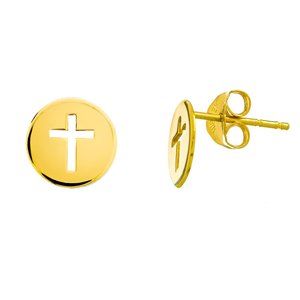 14K Yellow Gold Flat Disc Cross Stud Earrings